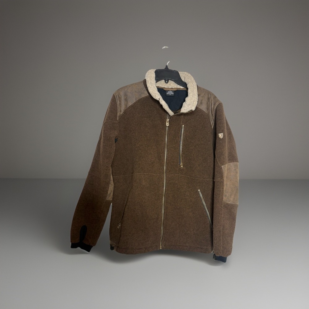 KUHL ALPENWURX Brown Full Zip Faux Leather Patch Sherpa Collar Fleece Jacket Med